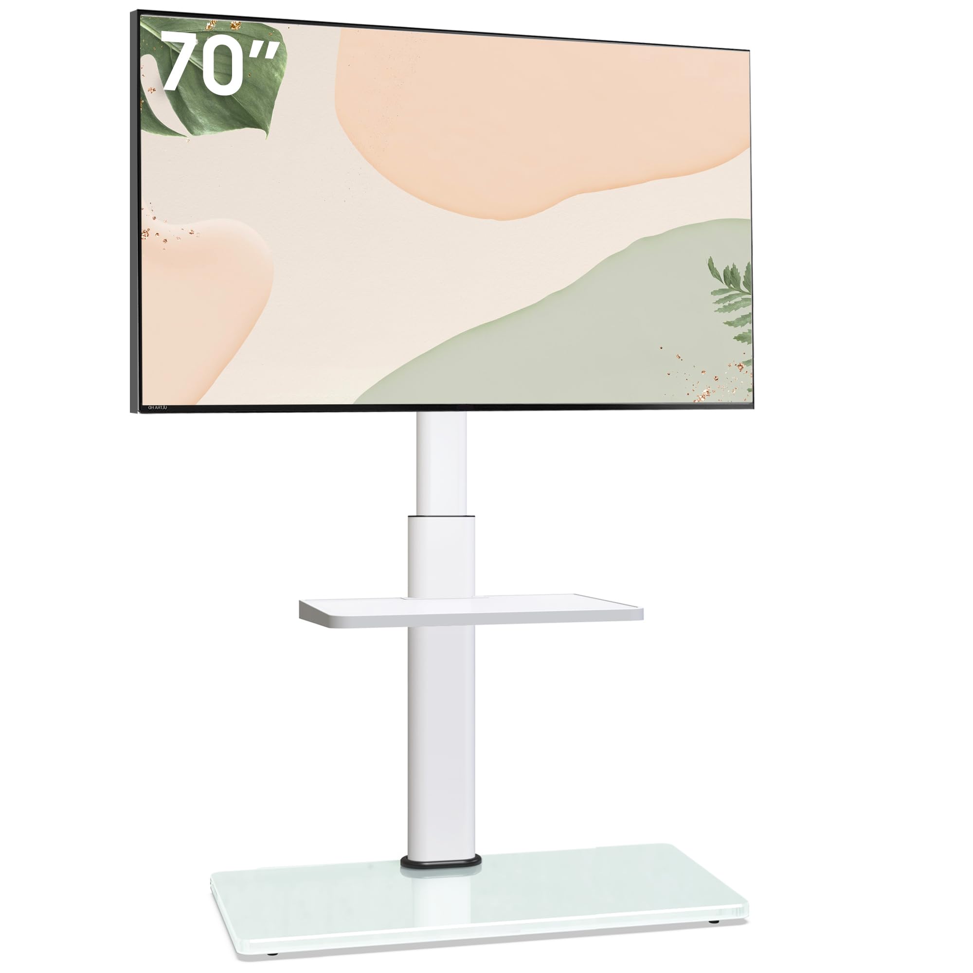 AOKCOS Supporto TV da Pavimento inclinabile per 32-55 65 70 Pollici, Girevole Altezza Regolazione Porta TV da Terra con mensola, Max VESA 400x400mm 40kg Bianco