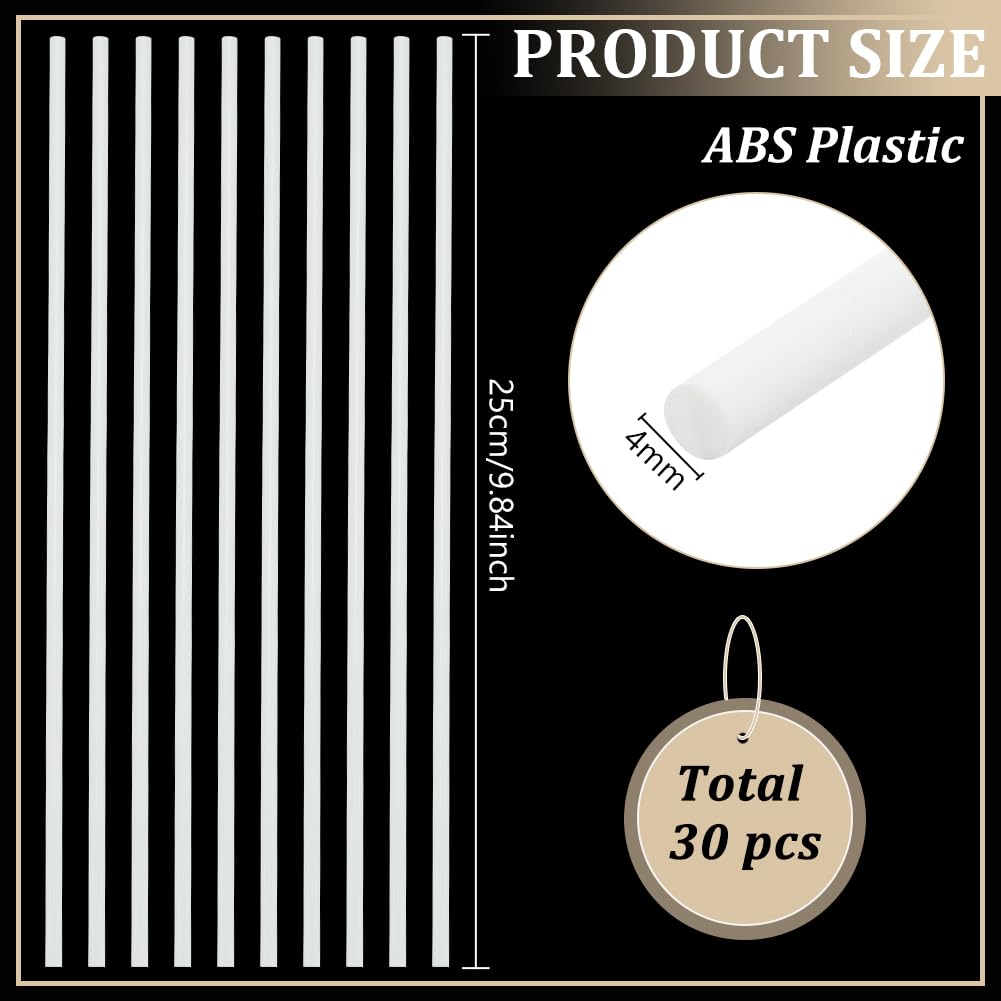 BENECREAT 30 pz Asta Rotonda In Plastica ABS Bianca, Barre Tonde In Plastica Stirene ABS Da 4mm X 250mm, Asta di Collegamento In per Modellismo Fai Da Te, Tavolo di Sabbia per Case