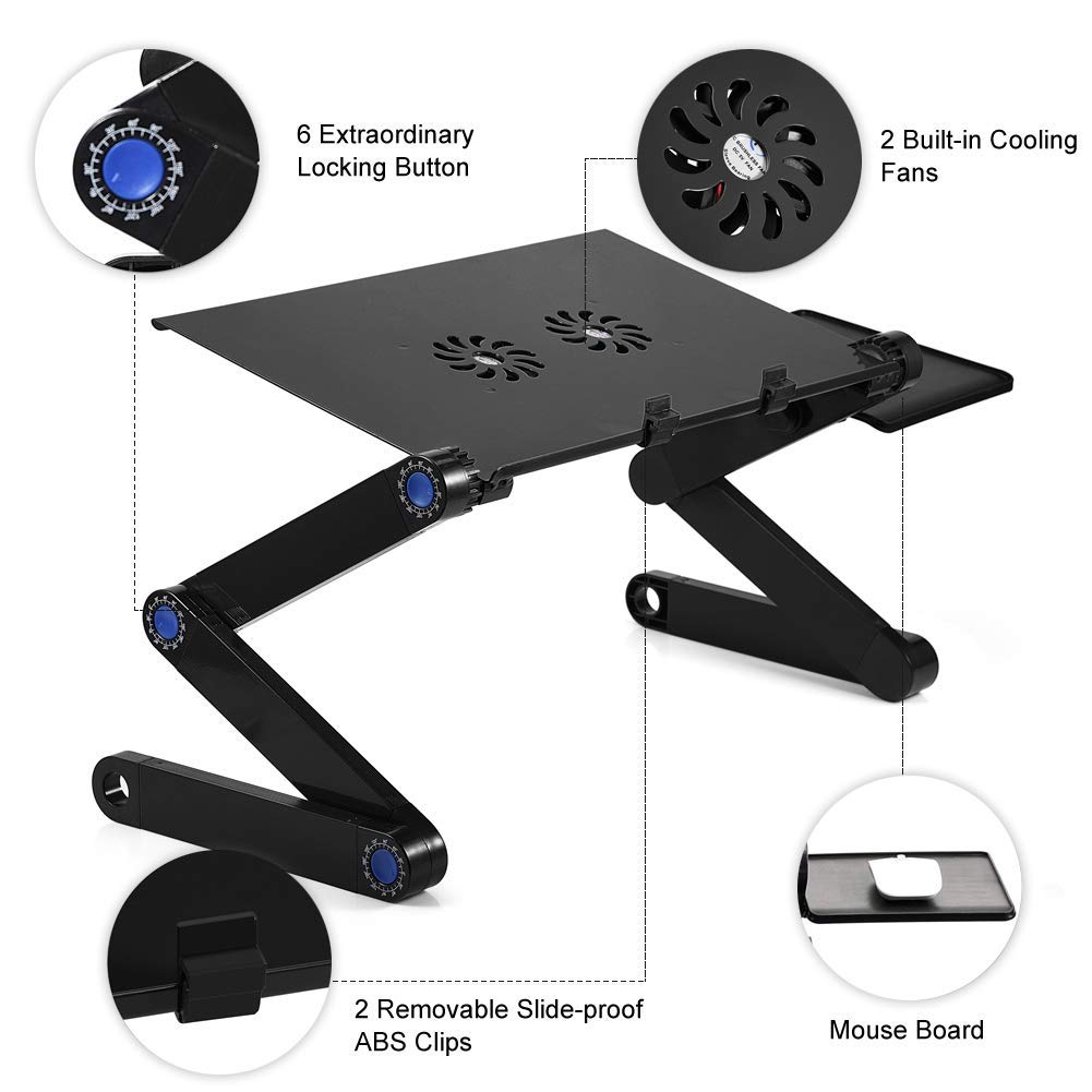 Klappbarer Laptop Tisch aus Aluminium, Computer Ständer mit 2 Lüftern und Mausablage, 360° Verstellbar, Tragbar, für Bett und Sofa, Schwarz