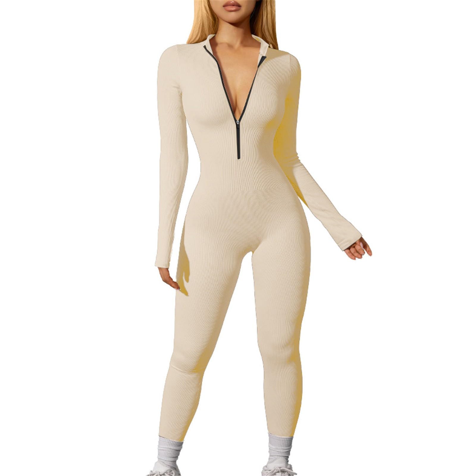 Generic Mono para mujer, ajustado, largo, de manga larga, con cremallera, con cuello de pico, pantalones de peto, sexy, traje de deporte, ligero, de una pieza, cómodos, pantalones cortos de yoga