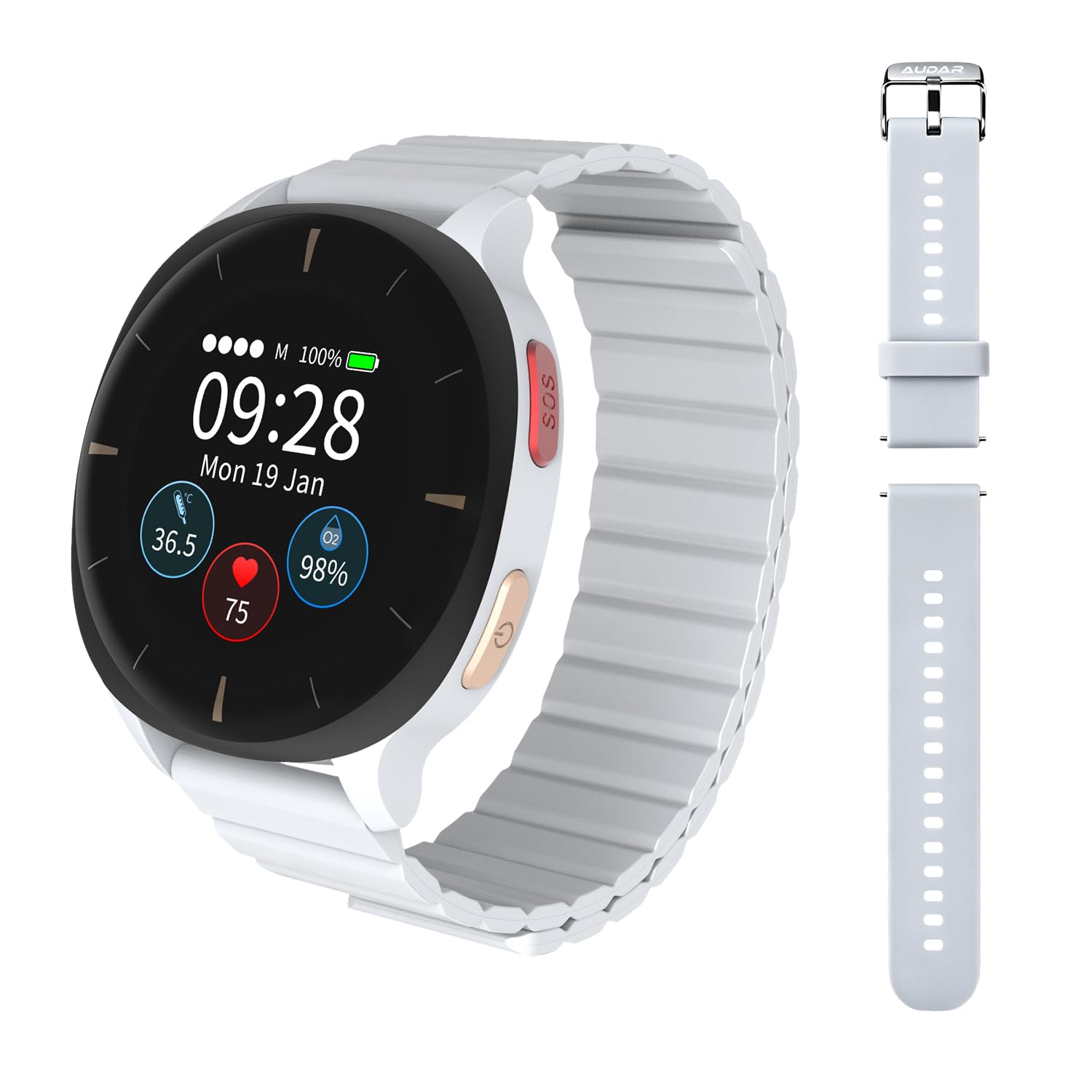 August Audar E2 Montre Connectée Senior avec Détection de Chute et SOS + Audar STR001G-M Bracelet de Remplacement