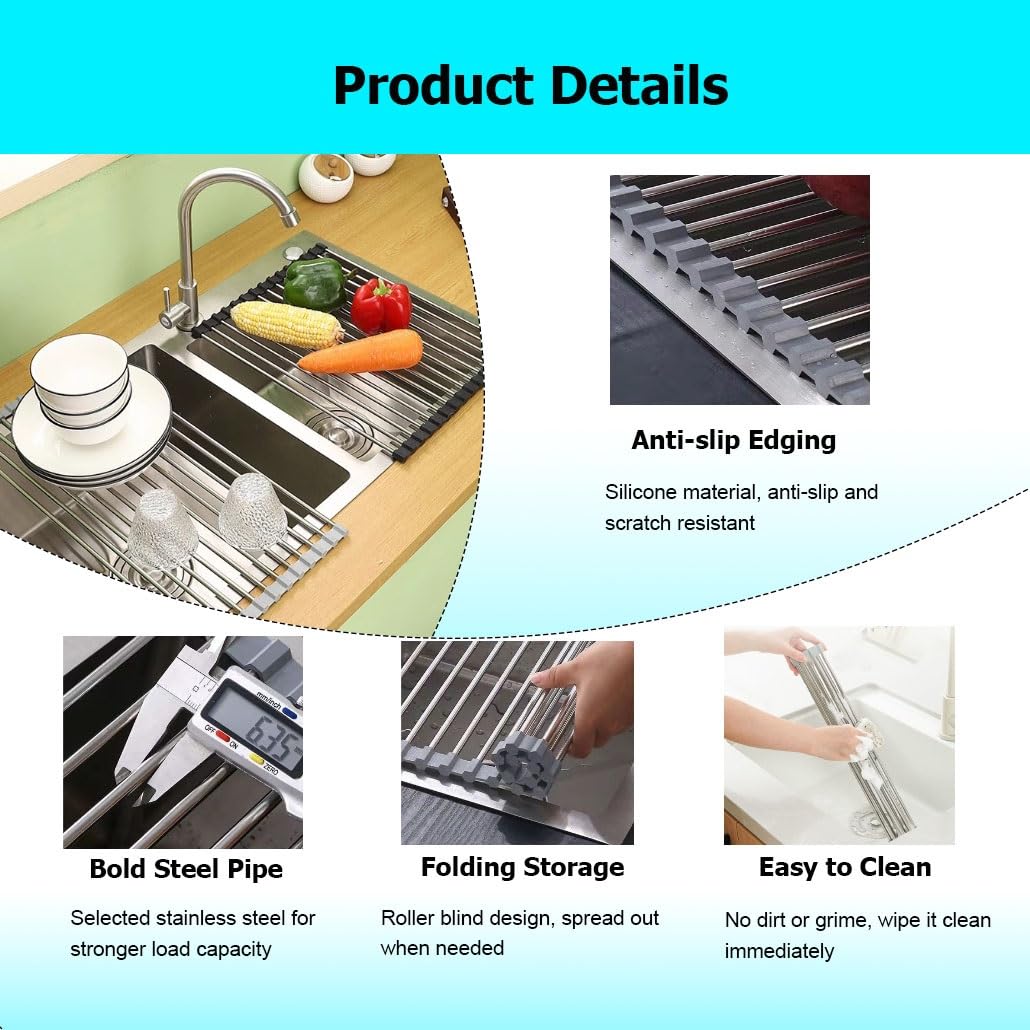 Escurridor de Platos Enrollable y Plegable, de Acero Inoxidable, portátil y Resistente al Calor, para encimera de Cocina.