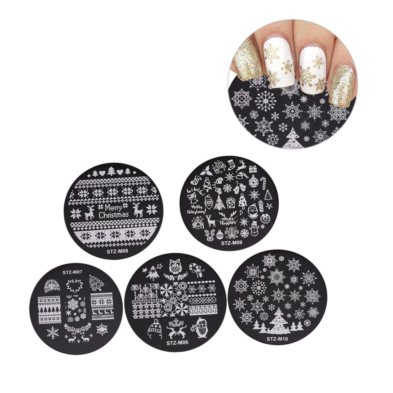 Housoutil 5pezzi Stampi per Unghie Natalizie Piastre Rotonde per Nail Art in Metallo Lucido Kit di Modelli per Stamping Unghie