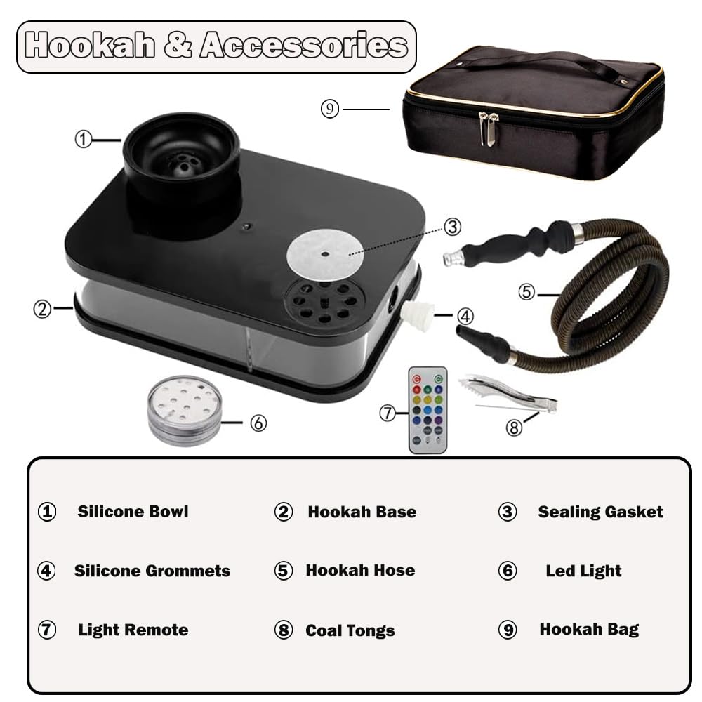 Juego de cachimba de viaje portátil de acrílico con cuenco de cachimba de silicona, manguera de cachimba de seda, pinzas de carbón, juego de cachimba con luz LED remota y bolsa de almacenamiento