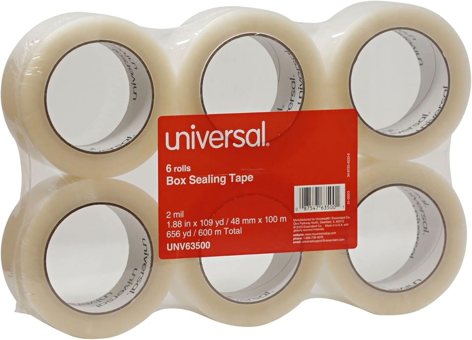 Universal General-Purpose Box Sealing Tape, 48mm x 100M, 3 Core, Clear, 6/Pack (63500)