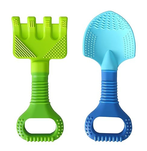 Herramienta de jardinería juguetes de dentición para bebés, mordedores de silicona con pala y rastrillo para bebés de 3 a 12 meses, juguetes