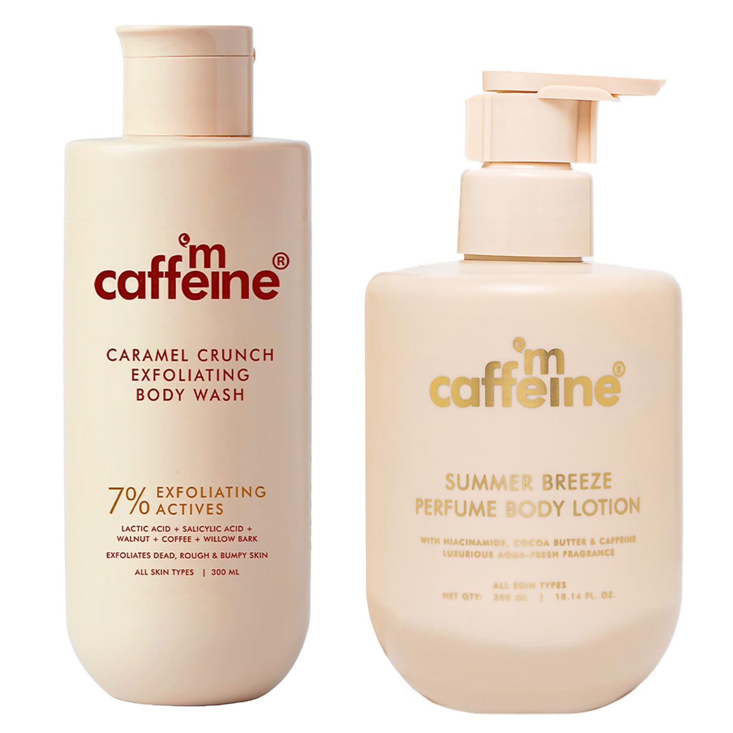 mCaffeine Exfoliating Body Wash & Summer Fresh Body Care Duo | 7% Actives Caramel Body Wash 300ml & Summer Breeze Perfume Body Lotion 300ml | Lactic Acid, Niacinamide | Reduces Body Acne, Smooth Skin