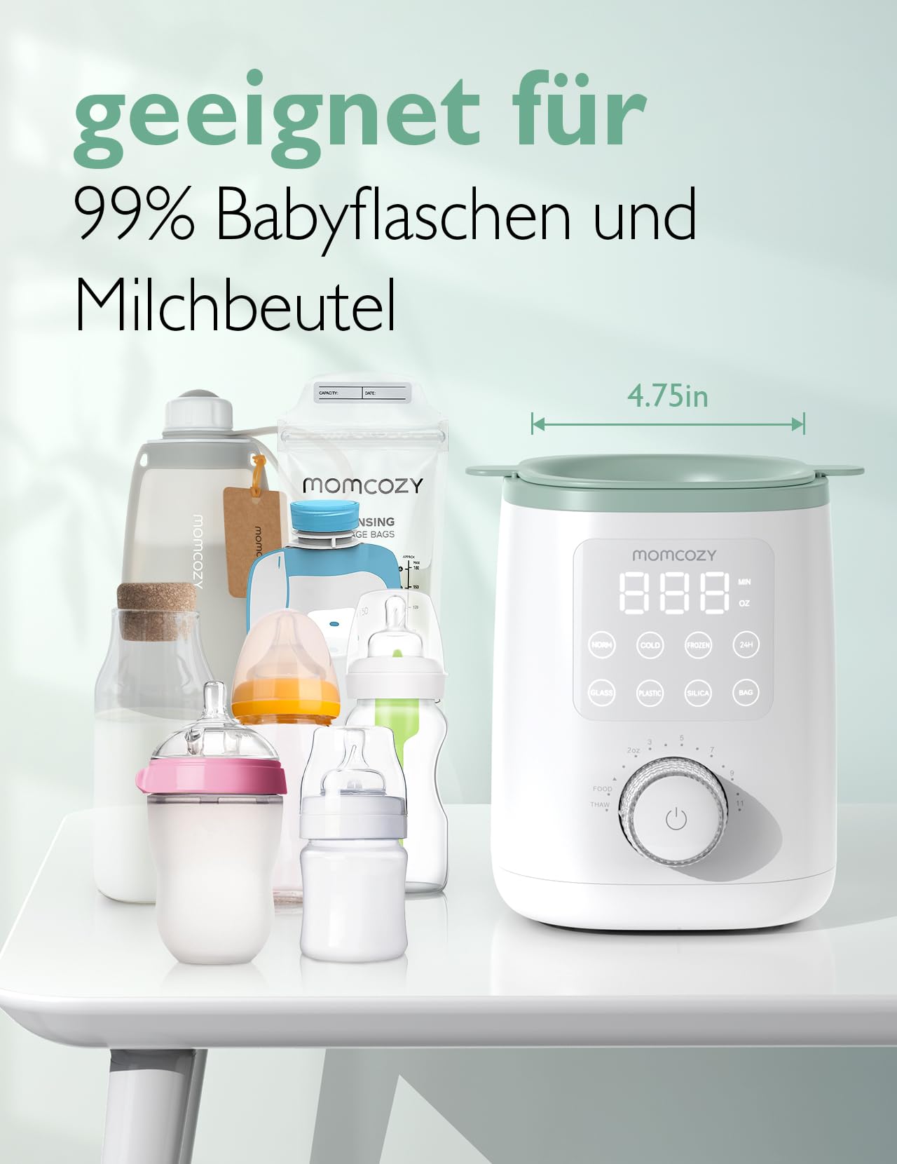 Momcozy Flaschenwärmer Baby | präziser Temperaturkontrolle & Nachtlicht | 9-in-1 Faschenwärmer | Schnellaufheizung, automatische Abschaltung | Flaschenkompatibilität für Weithalsflaschen & Babykost