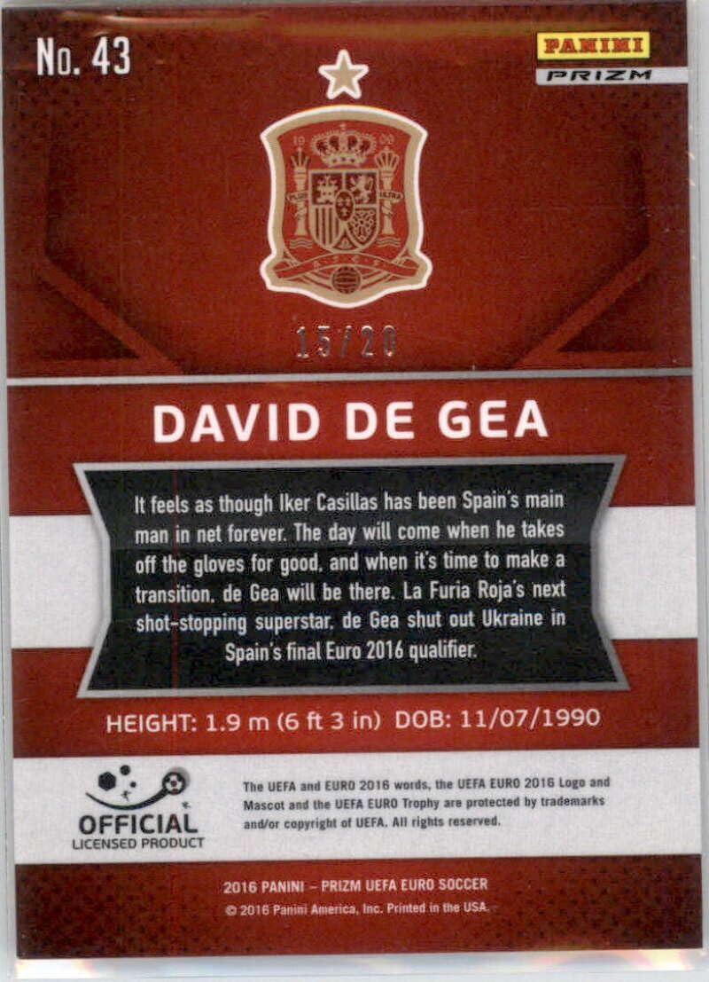 2016 Panini Prizm UEFA Euro Orange Prizms #43 David de Gea SER/20 Spain Official FIFA Soccer Card in Raw (NM or Better) Condition