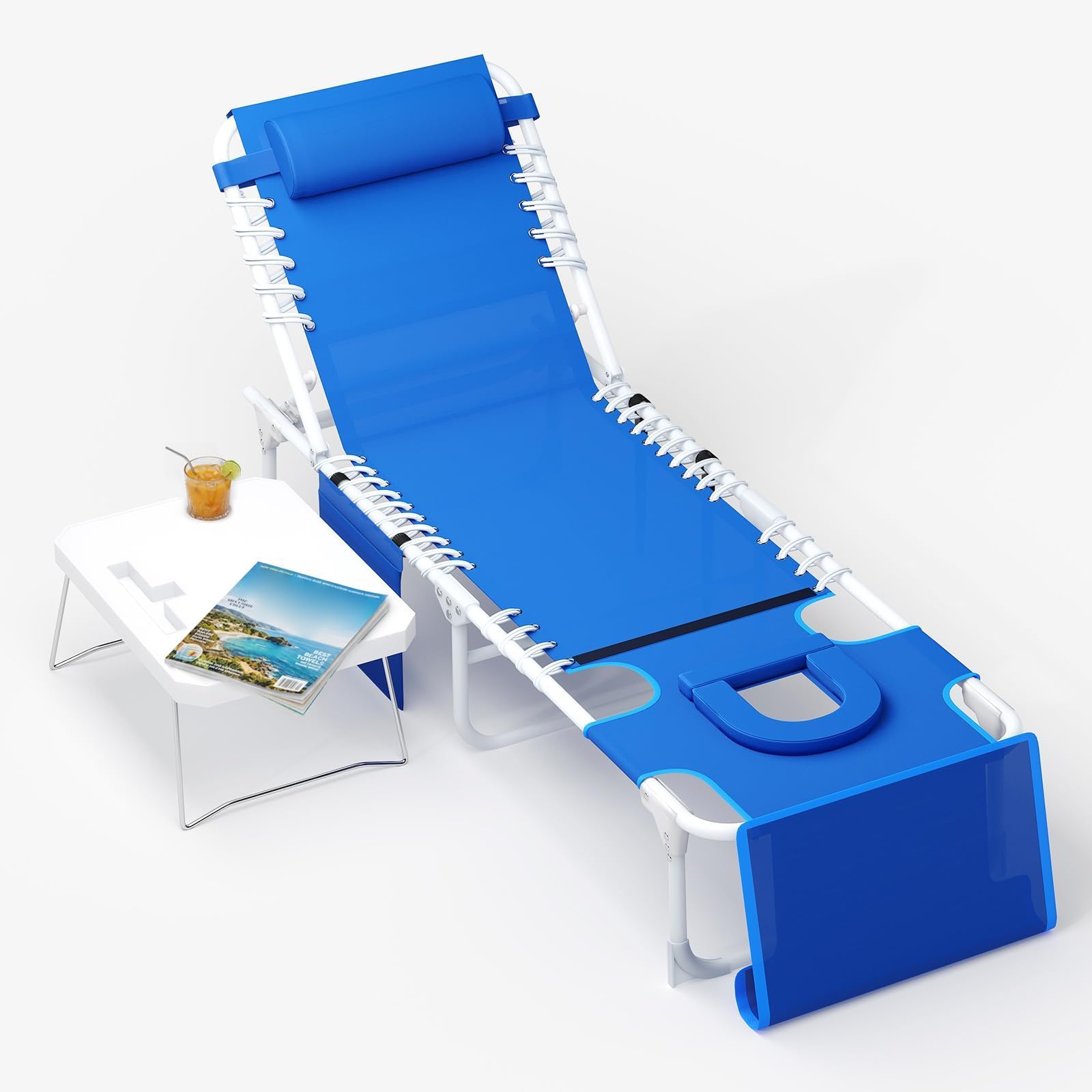 Transat de Plage Pliable avec Trou, Chaise Longue Pliable avec Table Pliante, Bain de Soleil Plage avec Appuie-Tête&Poche pour Jardin, Piscine