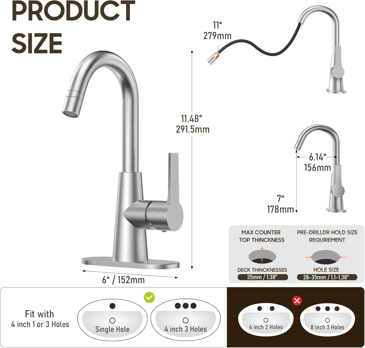 Phiestina Tall Bathroom Faucets with Pull Down Sprayer, Brushed Nickel High Arc Single Handle Pull Out Faucet, 1 or 3 Hole Utility Sink Laundry Bar Faucet Pull Out with Deck Plate WE10CL-ZY-BN