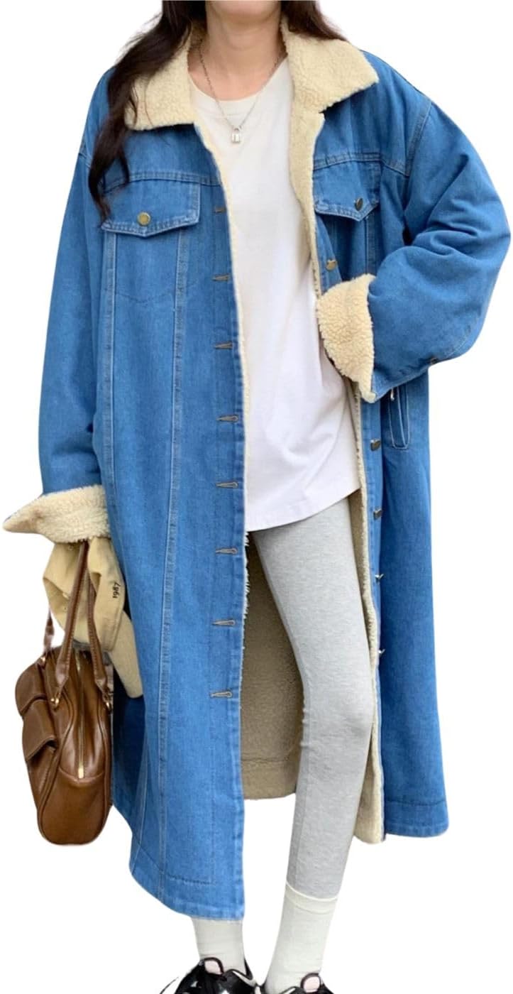 chouyatou Women's Warm Winter Windproof Sherpa Fleece Lined Long Denim Coat Trucker Jean Jacket Overcoat