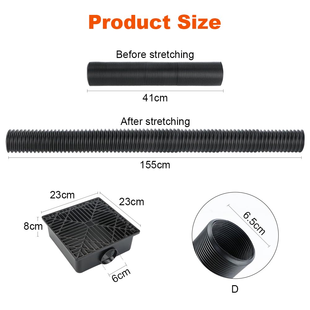 Kit de drenaje de lavabo – Cuenca de captura con rejilla cuadrada, tubo flexible y conector de drenaje, extensiones de canalón para drenaje de lluvia en jardín, patio, césped, carretera