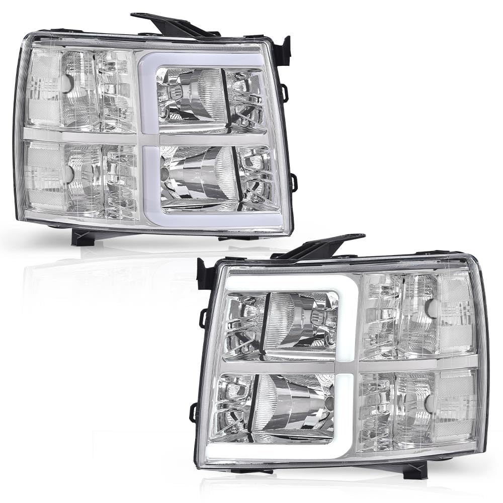 LED DRL Tube Projector Headlights Compatible with Chevy Silverado 1500 2007-2013/ 2500HD 3500HD 07-14, Not Fit 2007 Old Body Silverado Classic w/o Bulb Clear Lens Chrome Housing Clear Reflector