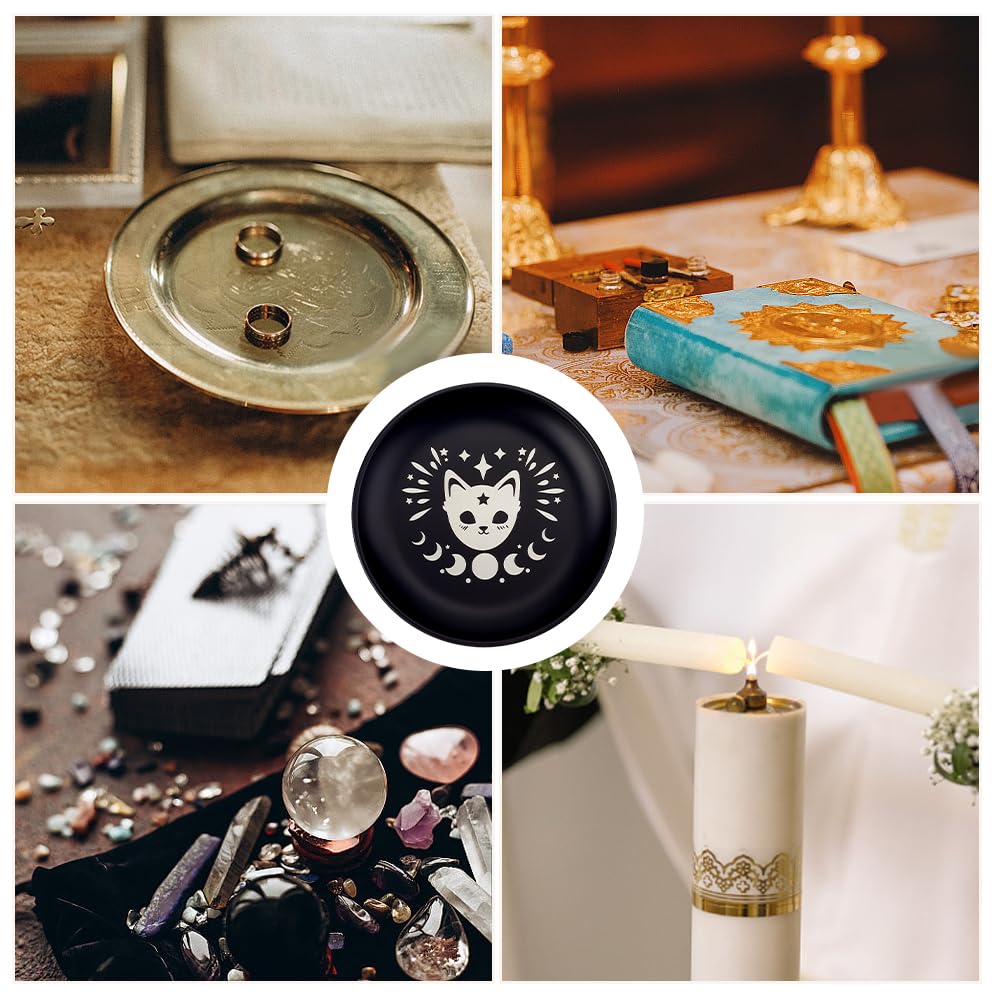 CREATCABIN Cat Prayer Ritual Plate Stainless Steel Offering Bowl Flat Round Tray Prayer Offering Bowl Candle Holder with Divination Card Jewelry Dish for Smudging Incense Burner Meditation 5.55Inch - Image 4
