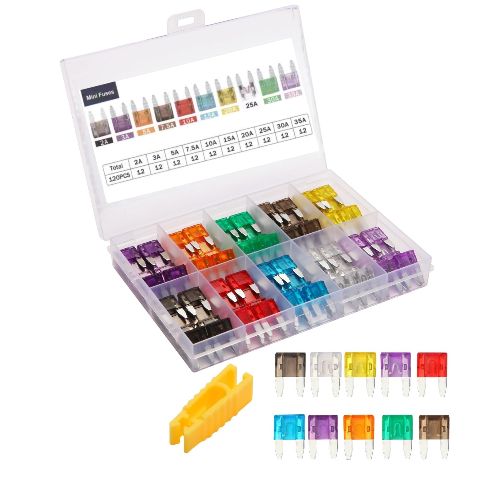 Xfopz 120Pcs Fuse Assortment Kit, Car Boat Truck SUV Auto Automotive Assorted Replacement Blade Mini Fuses -2A 3A 5A 7.5A 10A 15A 20A 25A 30A 35A with Fuse Puller (120)