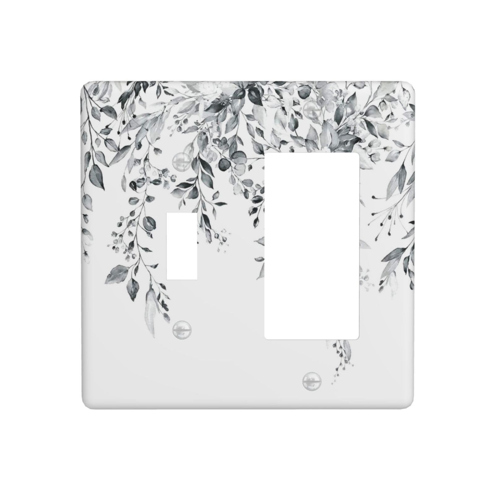 White/Grey Sage Eucalyptus Leaves 2 Gang Single Toggle/Rocker Combination Light Switch Cover Decorative Combo Switch Wall Plate Cover Electrical Faceplate Room Decor
