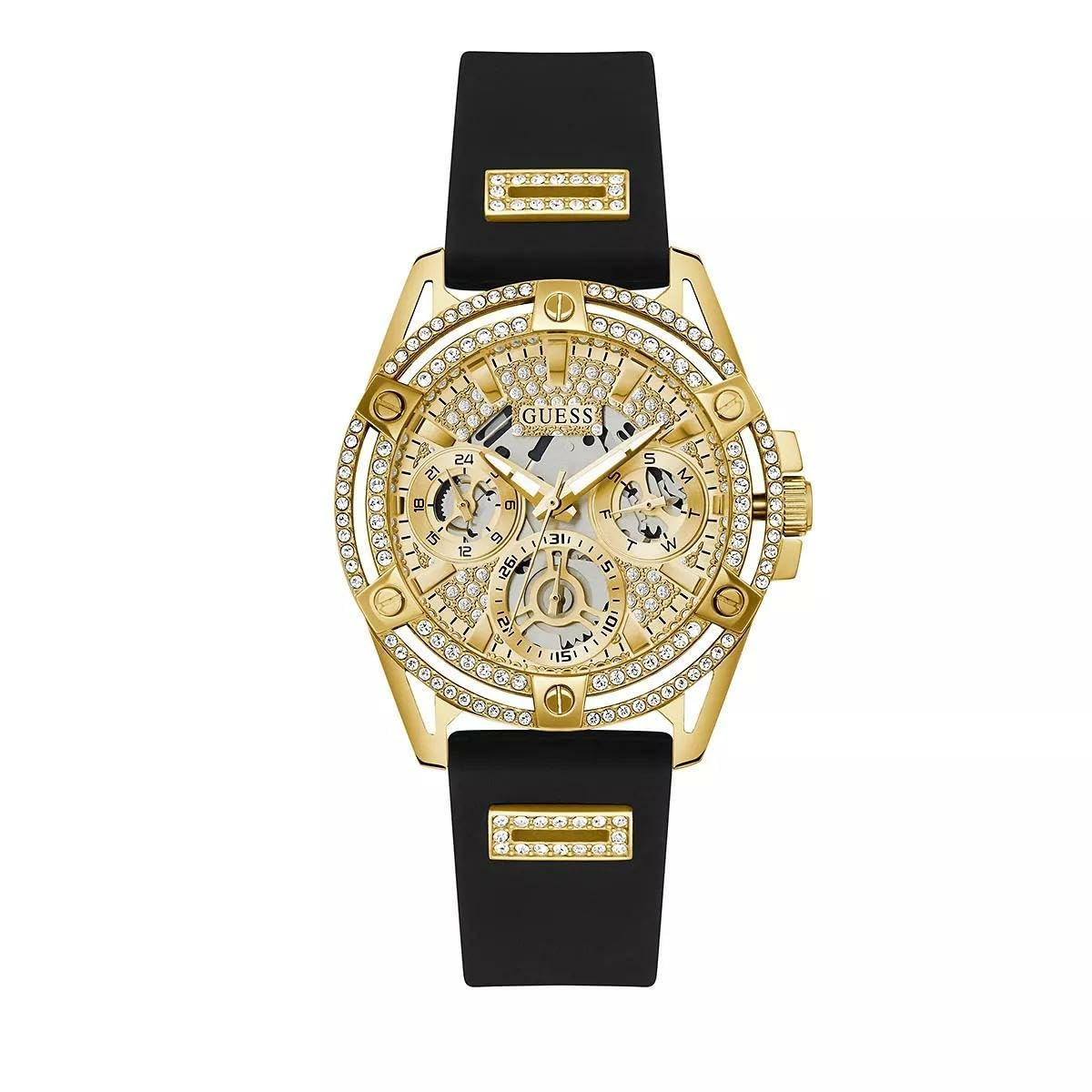 GUESS Guess US Women's Gold-Tone and Black Silicone Multifunction Watch
