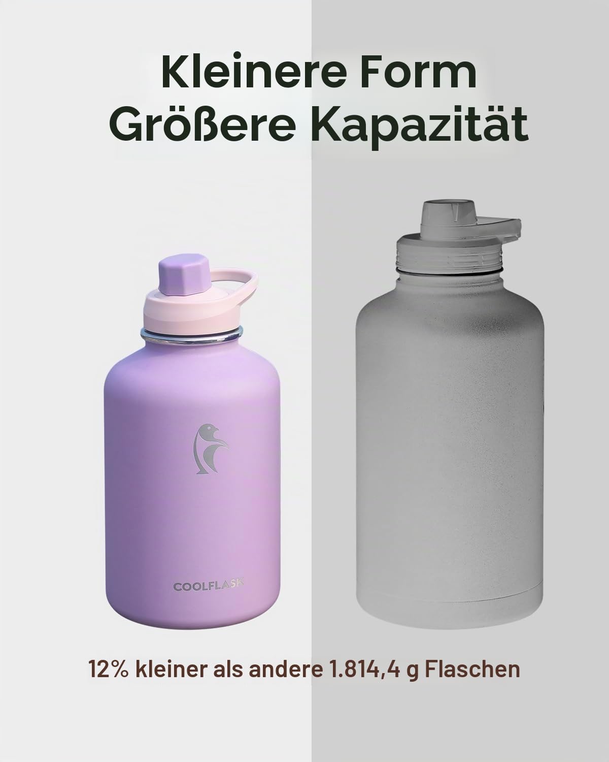 Coolflask Isolierte Wasserflasche mit PU-Lederhülle, 1,8 l Wasserflasche, Farbkontrast mit Strohhalm-Deckeln, großer Edelstahl-Krug, hält 48 Stunden heiß 24 Stunden kalt, lila