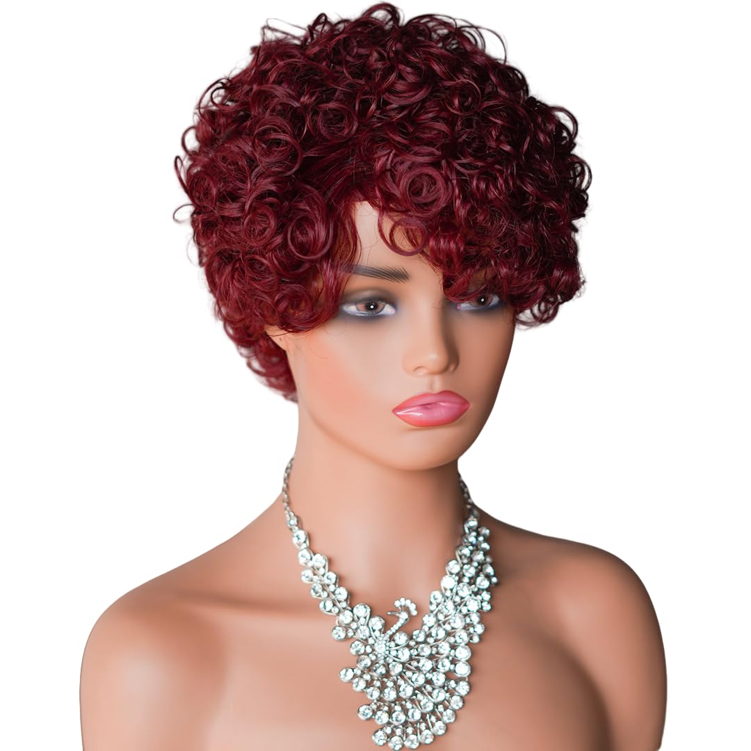 13x1 99j Short Curly Lace Front Wigs Human Hair Density Pixie Wigs for Women, 99j short curly wig human hair, 6 Inch