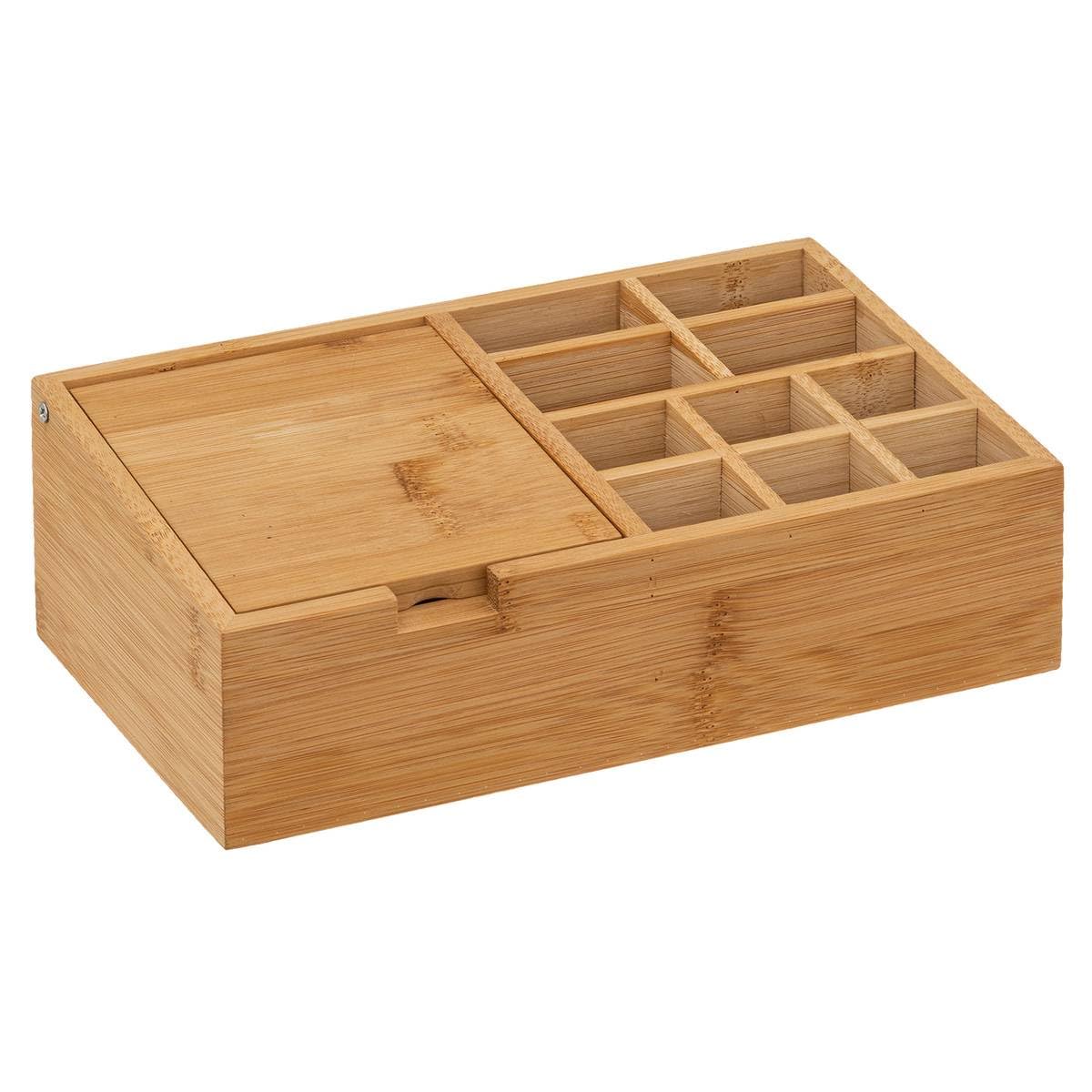 Rangement maquillage 10 compartiments avec couvercle miroir rabattable en bambou
