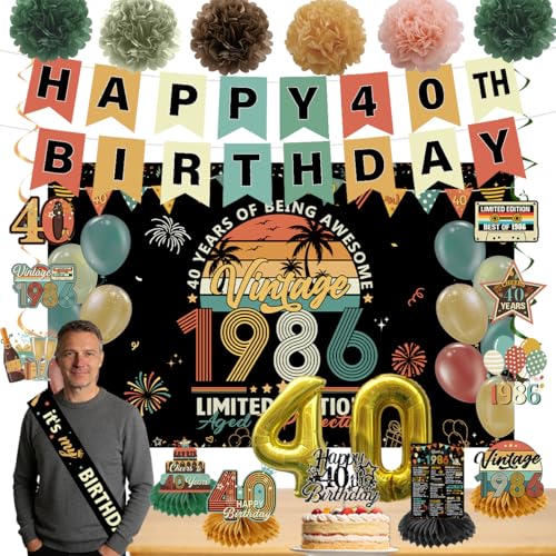 Vintage 40th Birthday Decorations for Women Men Back in 1986 Party Decor Banner Hanging Swirls Retro 40th Backdrop Centerpieces Cake Topper Sash Pompoms Balloons, Cheers to 40 Years Old Party Supplies