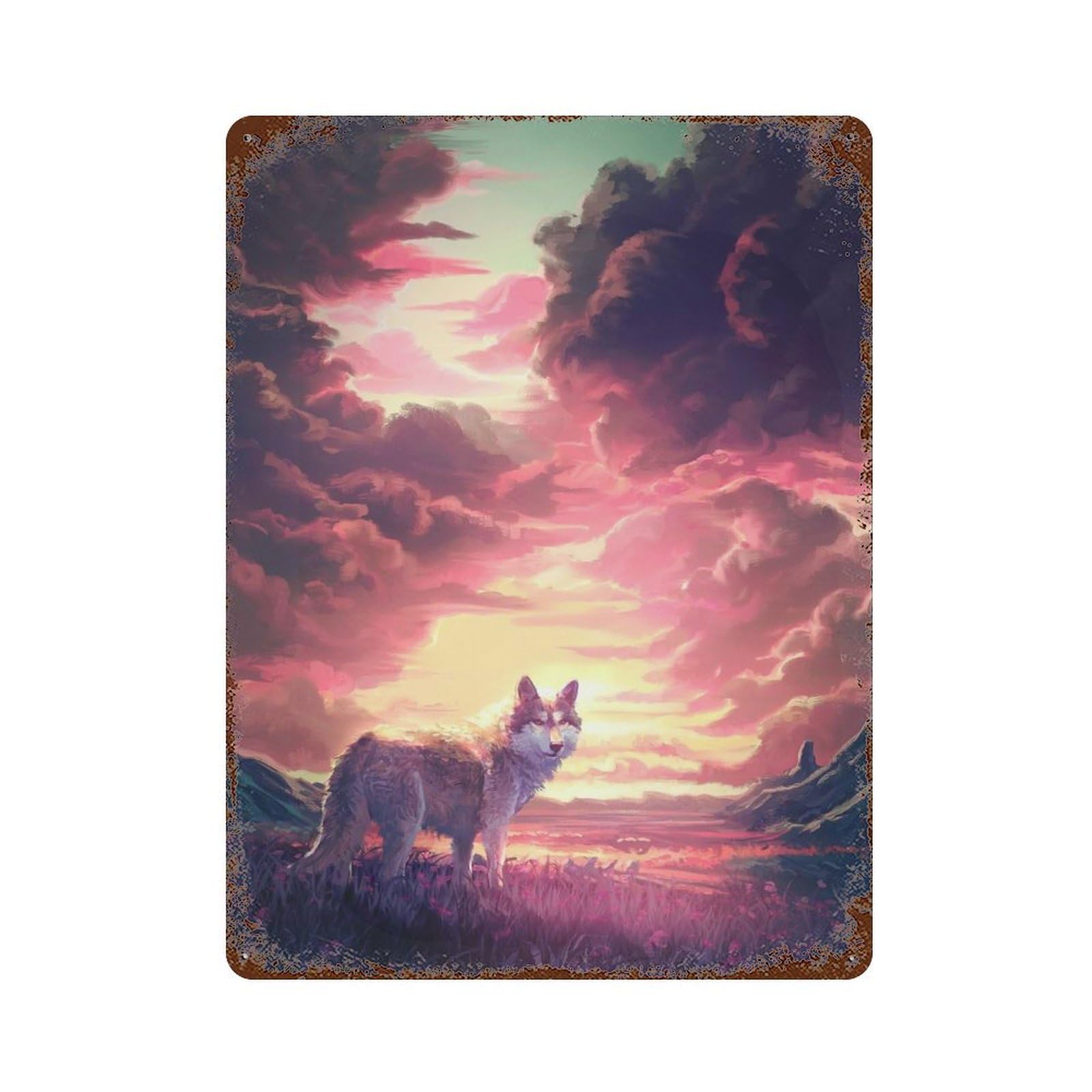 Wolf at Sunset 15.7"x11.8" Aged Metal Wall Plaque, Classic Wall Plaque for Basement, Hobby Room And Garage Decor
