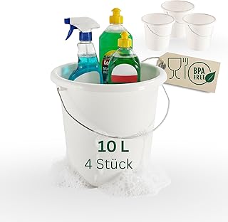 Novaliv 4 Stück Eimer 10L Weiß mit Maßeinteilung - Putzeimer 10 Liter ? 28,5 cm Praktischer Allrounder mit Skala für Haushalt & Garten ideal als Haushaltseimer, Wassereimer, Wischeimer, Bucket