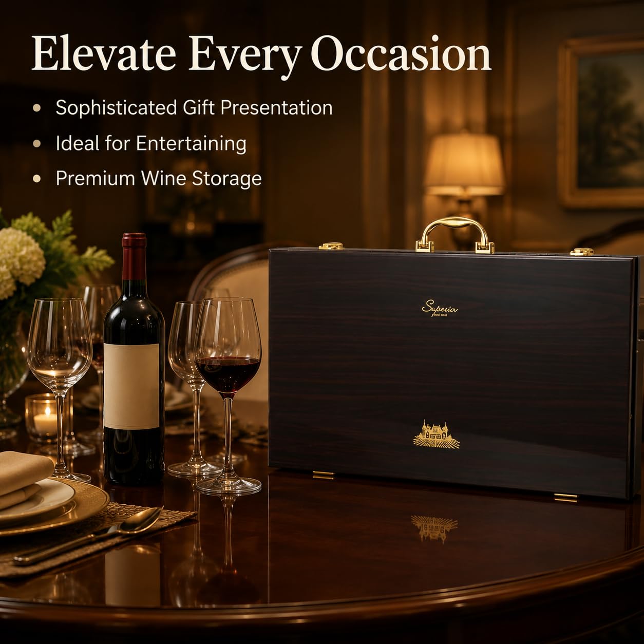 Scatola per Vino in Legno di Ebano o Sandalo Rosso, Cassetta Legno per 6 Bottiglie, Confezione Regalo Vino con usura in Metallo