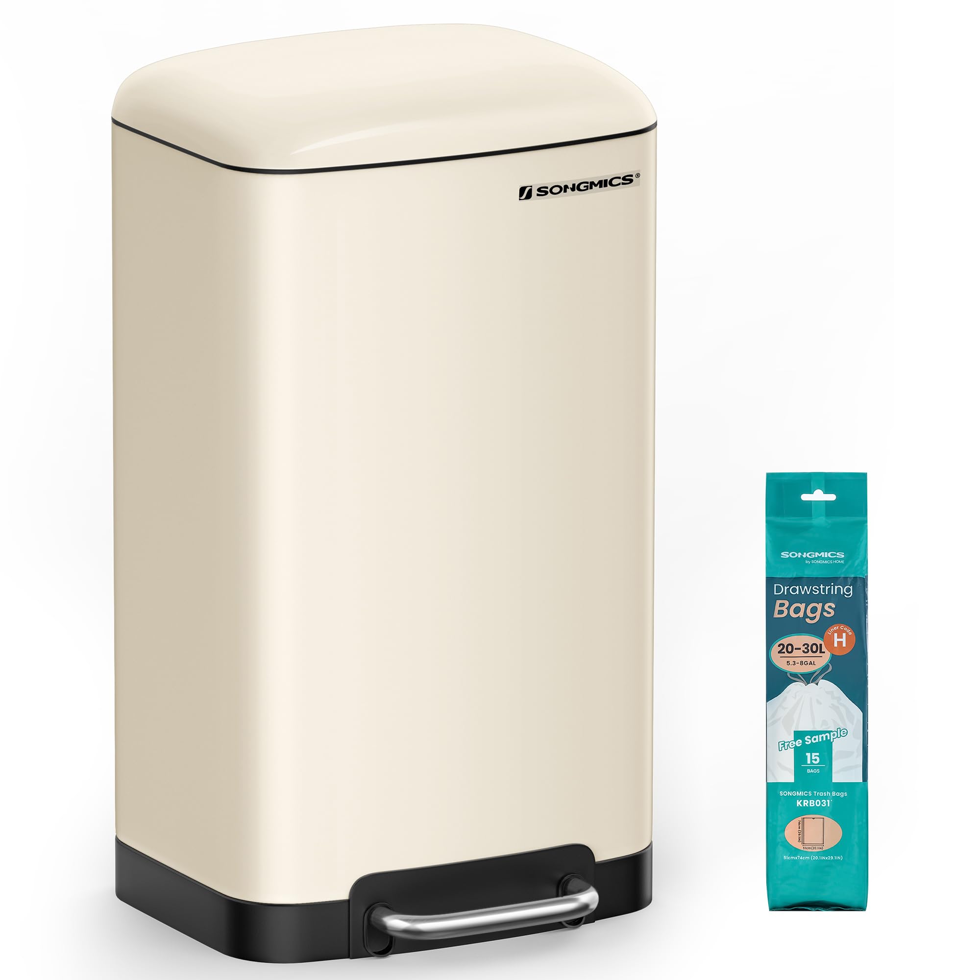 SONGMICS Poubelle de Cuisine, 30L, Poubelle en Acier avec Pédale, Couvercle et Seau Intérieur, Fermeture en Douceur, Blanc Nuage LTB001A01