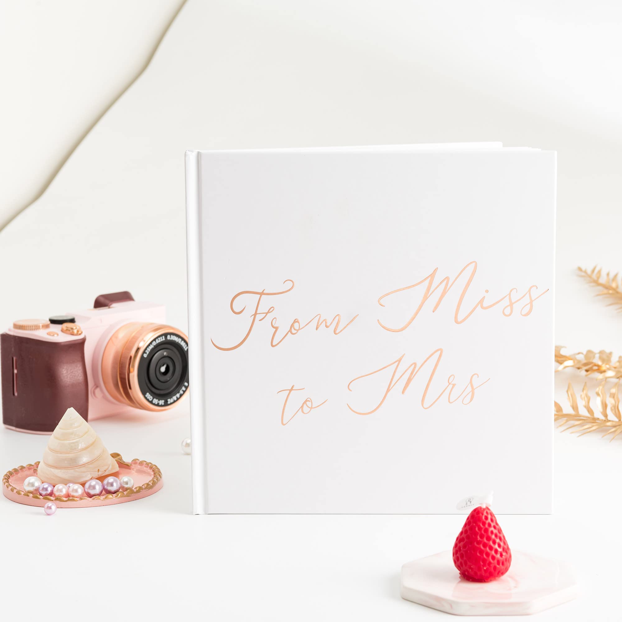 Calculs 'From Miss to Mrs Picture Book for Instax Film, Polaroid Bridal Shower Księga gości Puste strony Bride to Be Scrapbook, 21,5 cm, kwadratowa, biała okładka, różowe złoto