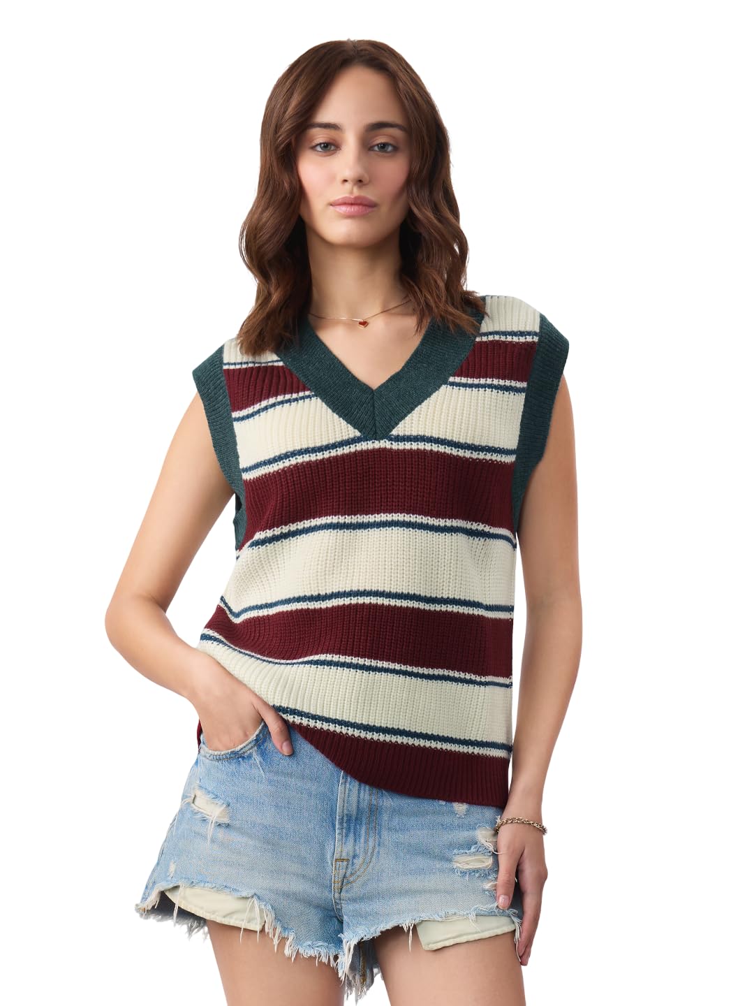 the souled store Sweater Vest: Newport Women and Girls Sleeveless V-Neck Striped Acrylic Regular Fit Lightweight Breathable Sweater Vest-picture-48
