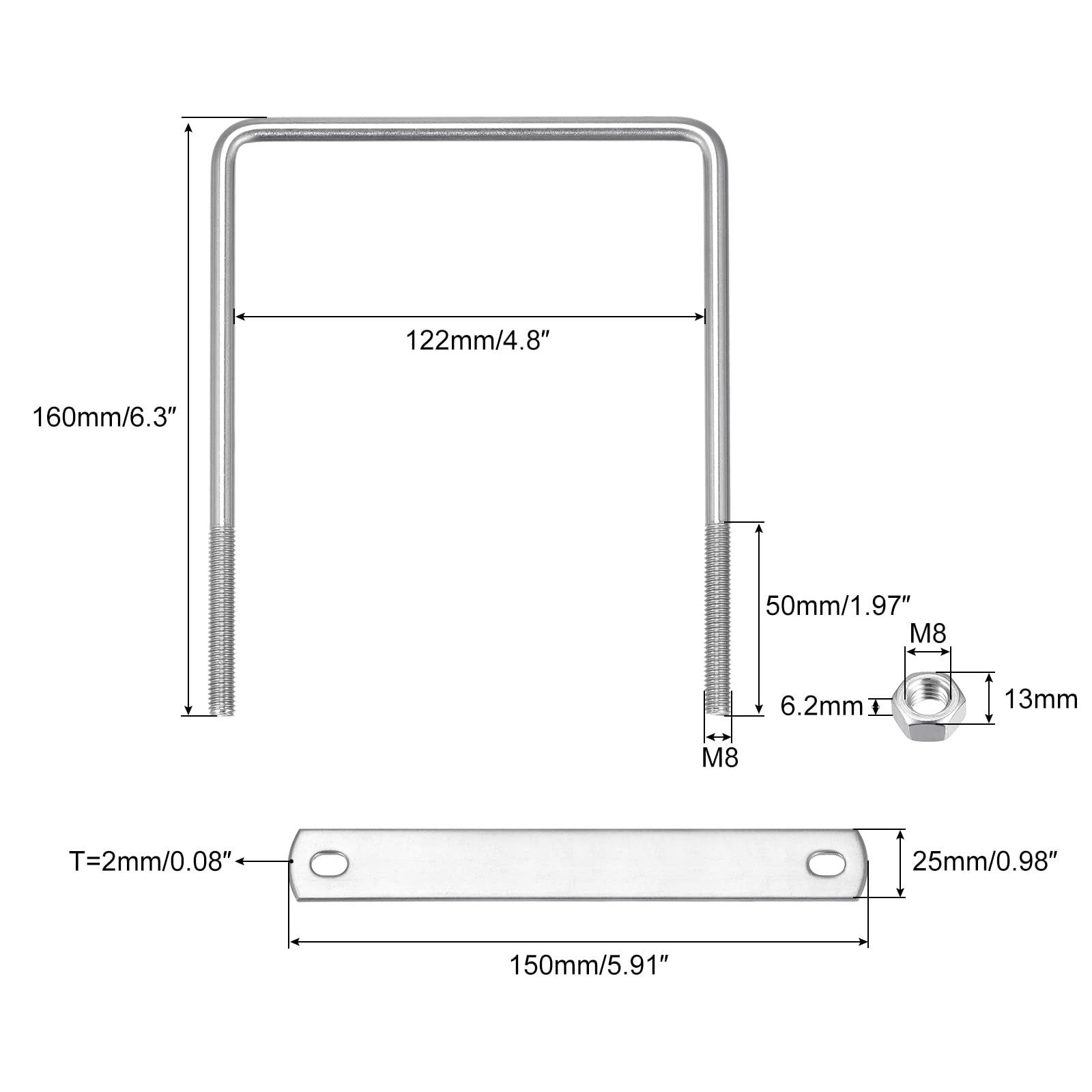 uxcell Square U-Bolts, 2 Sets 122mm(4.8