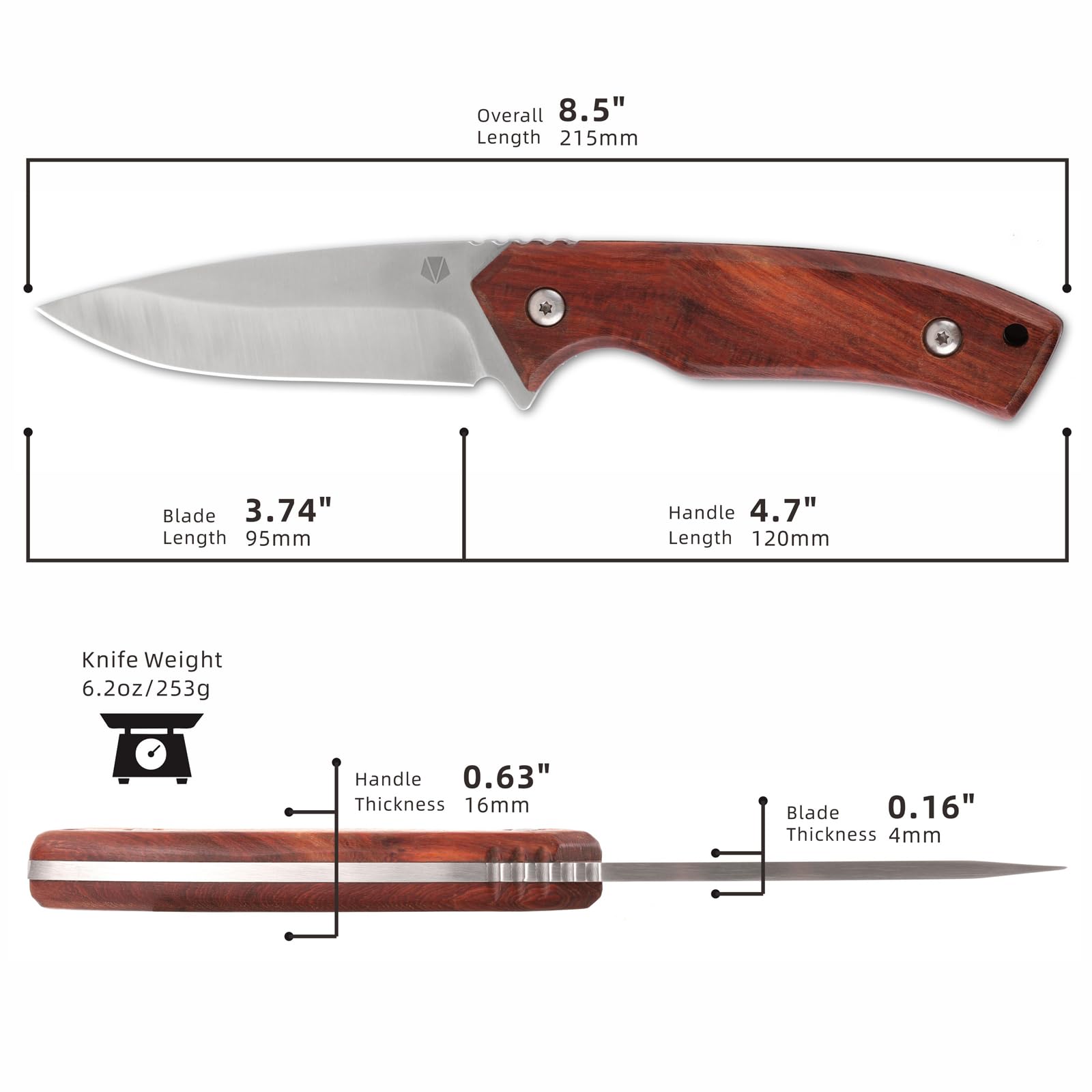 REAT Fixed Blade Knife with Sheath, 8.5