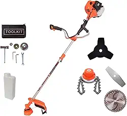 Roçadeira a Gasolina 2 Tempos Profissional 65CC 3HP Com Trimmer, Lâmina 3 e 2 Pontas Facão, Disco 80 Dentes, Kit de Reparo e Acessórios