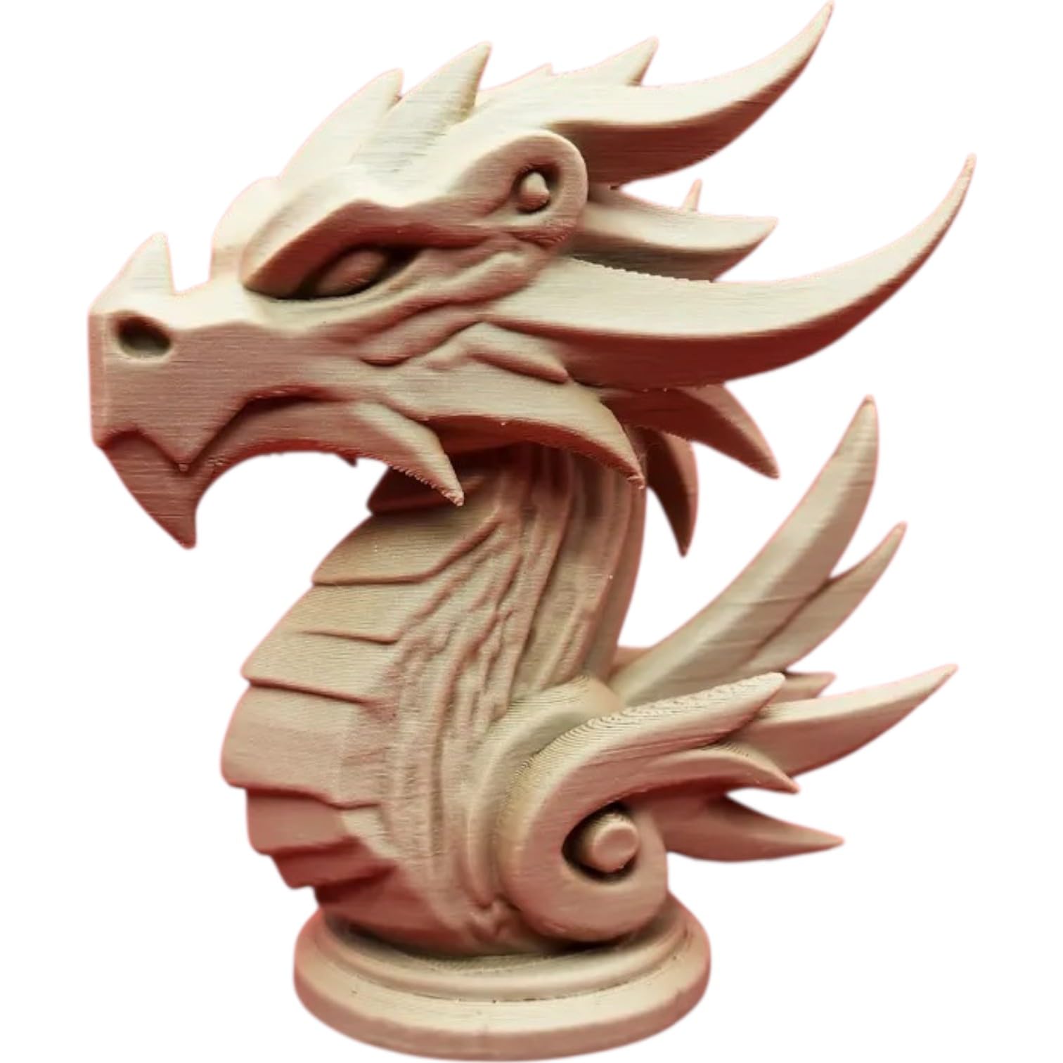 Wood-Carved Dragon Bust – Elegant Mythical Sculpture with Flowing Horns, Spiral Accents & Regal Pose – Fantasy Shelf Display – 3D Printed in Canada