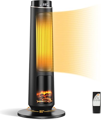 COSTWAY Calentador eléctrico para uso en interiores, calentador de torre de cerámica PTC de 1500 W con control remoto, llama realista 3D, oscilación