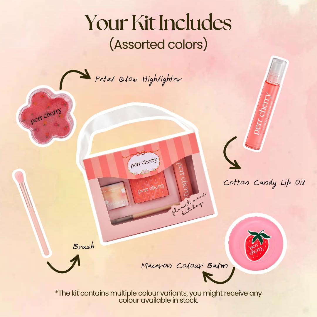 Perr Cherry 4 PCS Organic Makeup Kit for Kids, Preteens & Teen Girls | 100% Natural & Skin Friendly | Includes Eye & Cheek Highlighter, Lip & Cheek Tint, Lip Oil, Brush (Floret Kit, Assorted Colour) 2