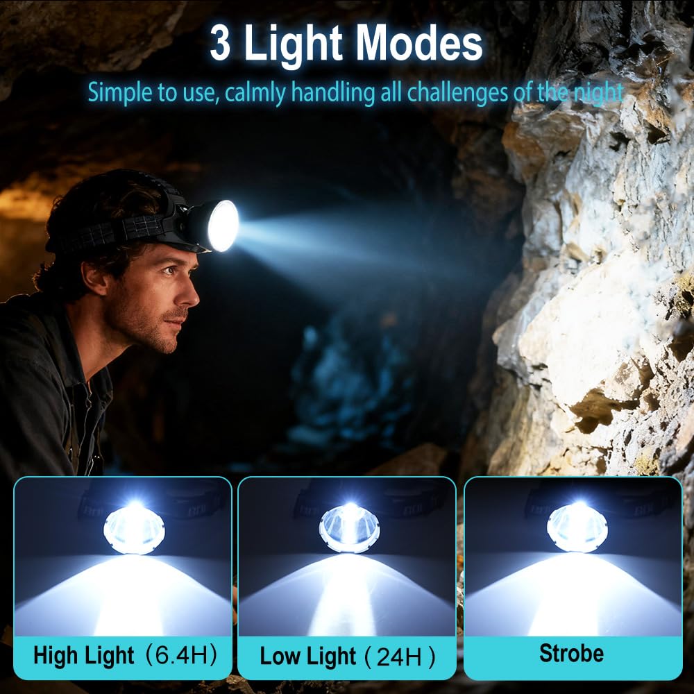 BORUIT Lampe frontale LED rechargeable, super lumineuse à 3 modes, alimentée par piles, réglable à 90°, USB C, étanche pour adultes, camping, randonnée, pêche