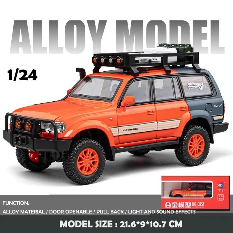 Image of 1:24 Scale Diecast Land Cruiser LC80 Model Car - Metal Pull Back Toy with Opening Doors, Lights & Sounds - Collectible Toy SUV for Boys Age 3-8, Certified Safe Gift for Kids (Orange)