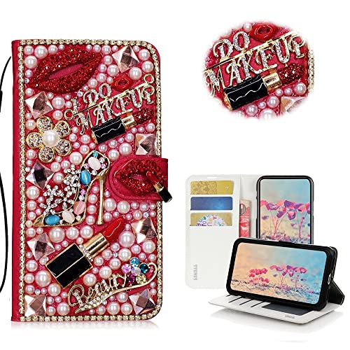 STENES Bling Wallet Phone Case Compatible with Moto Edge 2024 Case - Stylish - 3D Handmade Girls Lipstick High Heel Flowers Magnetic Wallet Stand Girls Women Leather Cover - Red