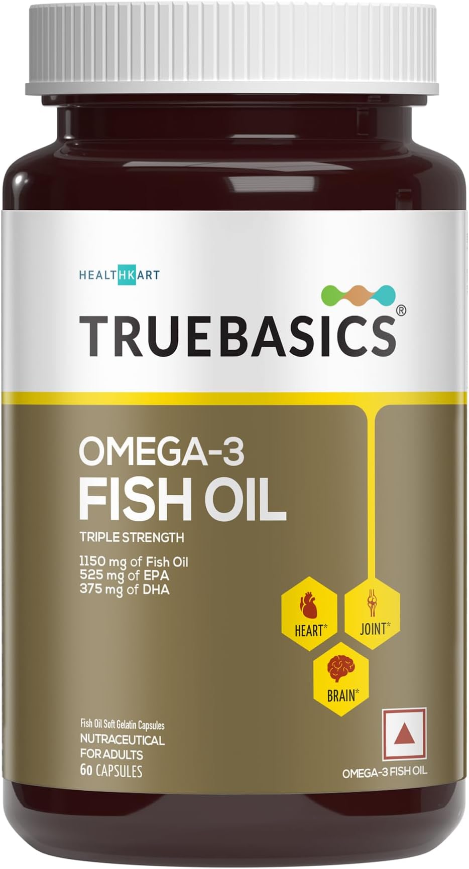 TrueBasics 3X Strength Omega 3 Fish Oil (60 Capsules) with 1150mg Omega, 525mg EPA & 375mg DHA | For Healthy Heart, Eyes & Joints