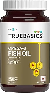 TrueBasics 3X Strength Omega 3 Fish Oil (60 Capsules) with 1150mg Omega, 525mg EPA &amp; 375mg DHA | For Healthy Heart, Eyes &amp;...