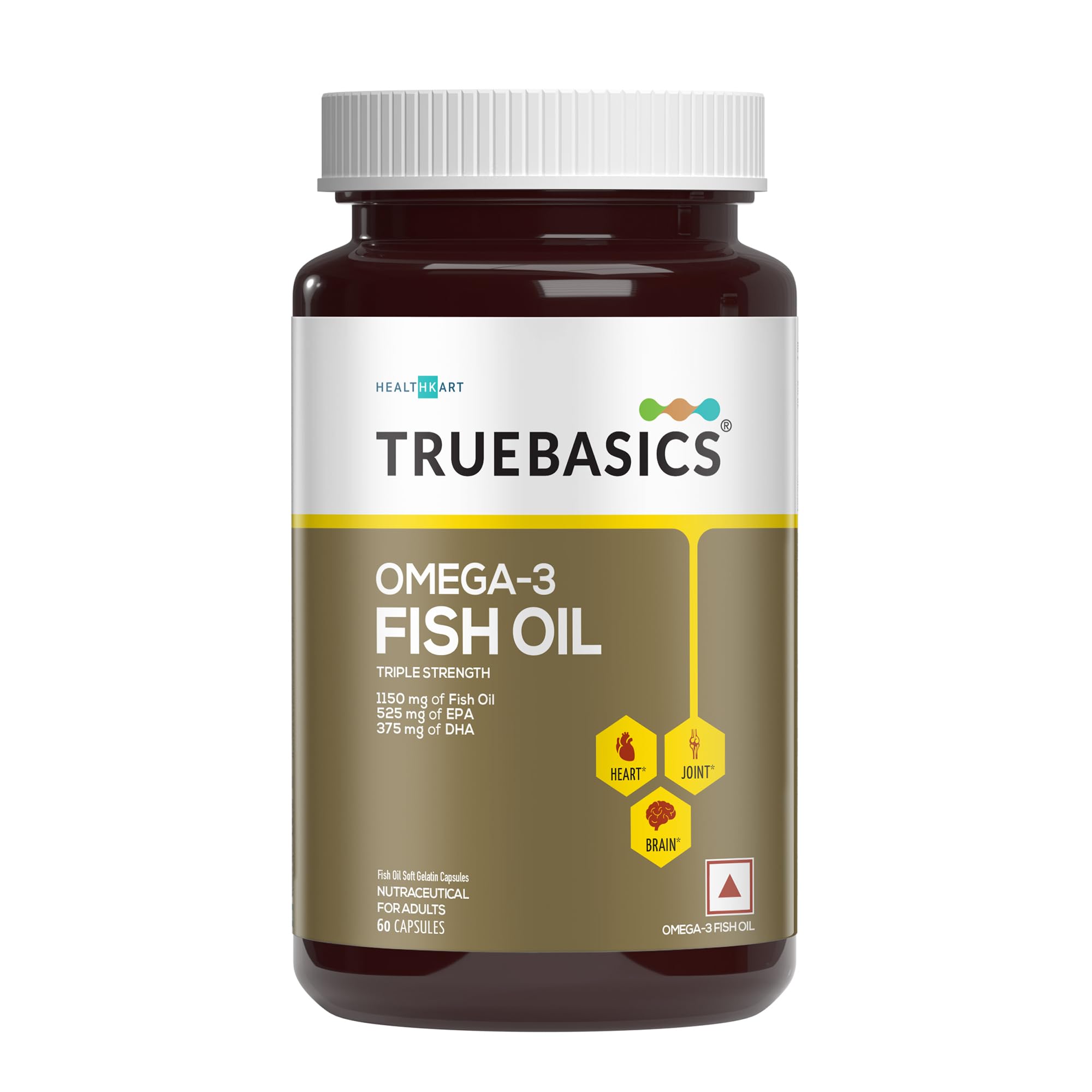 TrueBasics Omega 3 Fish Oil (60 Capsules) | Triple Strength with 1150mg Omega, 525mg EPA & 375mg DHA | For Healthy Heart, Eyes & Joints, 60 grams