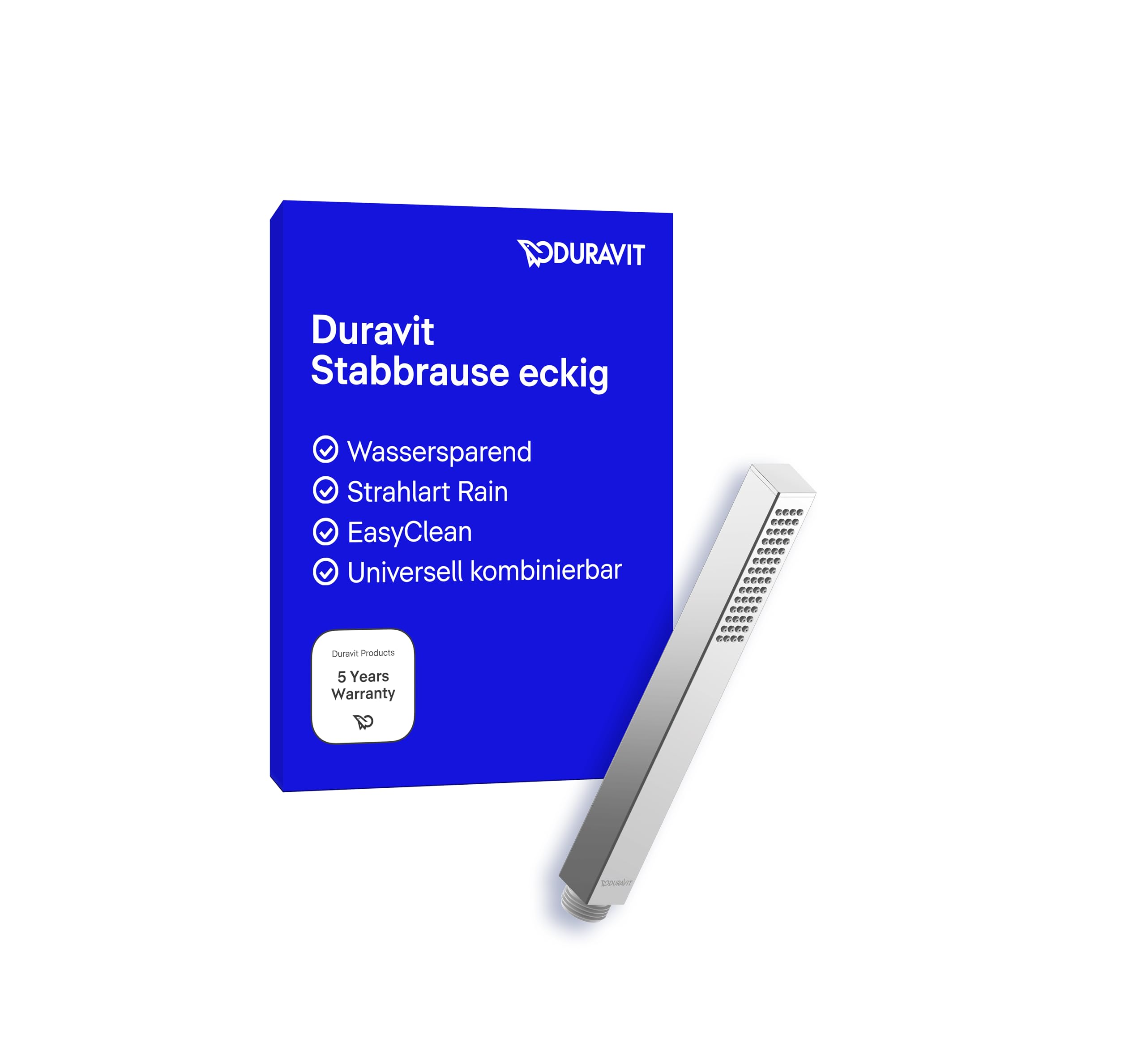 Duravit wassersparende Stabbrause, Duschkopf mit Strahlart Rain, Duschbrause eckig, Handbrause mit wassersparender MinusFlow-Funktion, reinigungsfreundlich, Chrom