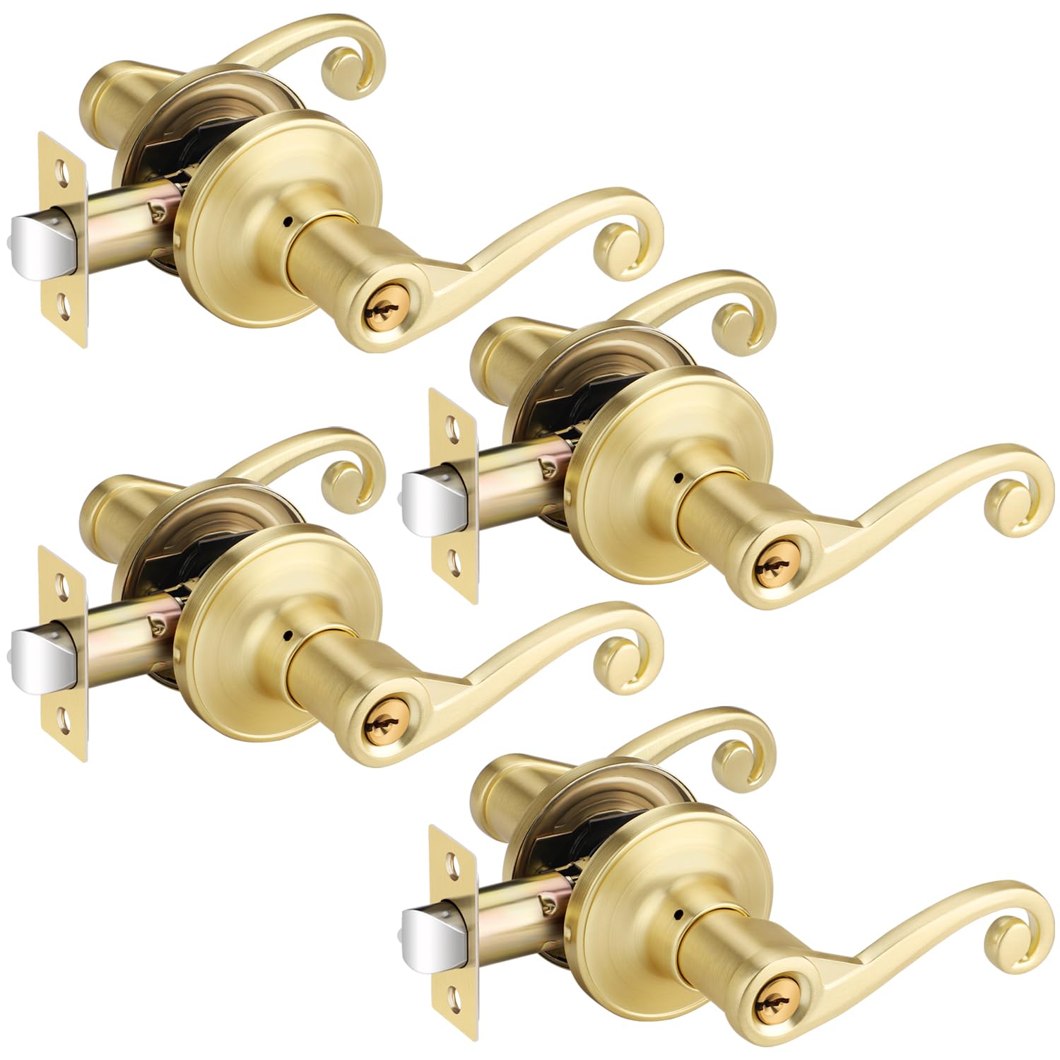 Bonpoly 4 Pack Satin Brass Door Handles, Entrance Lever Door Handle(Keyed Alike) for Bedroom or Living Room, Wave Style Door Handle, Right Handing