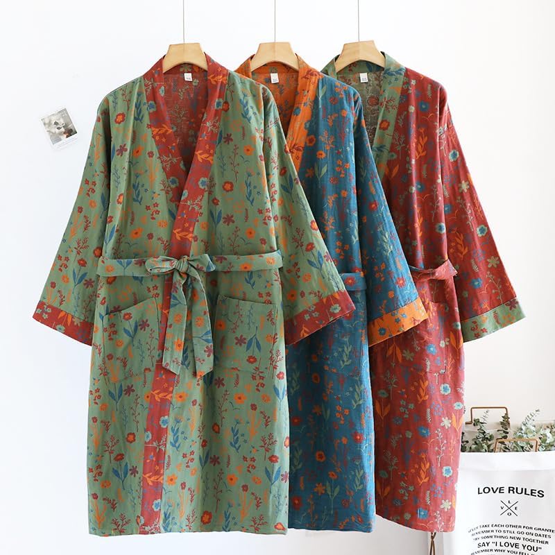 Cotton Double Gauze Traditional Hanfu Midi-length Nightdress Printing Tie-belt Bathrobe Loose Pajamas Comfortable Nightgown Sweat Steaming Yukata Sauna Suit Sleepwear Kimono for Women Large(Green) - Image 2