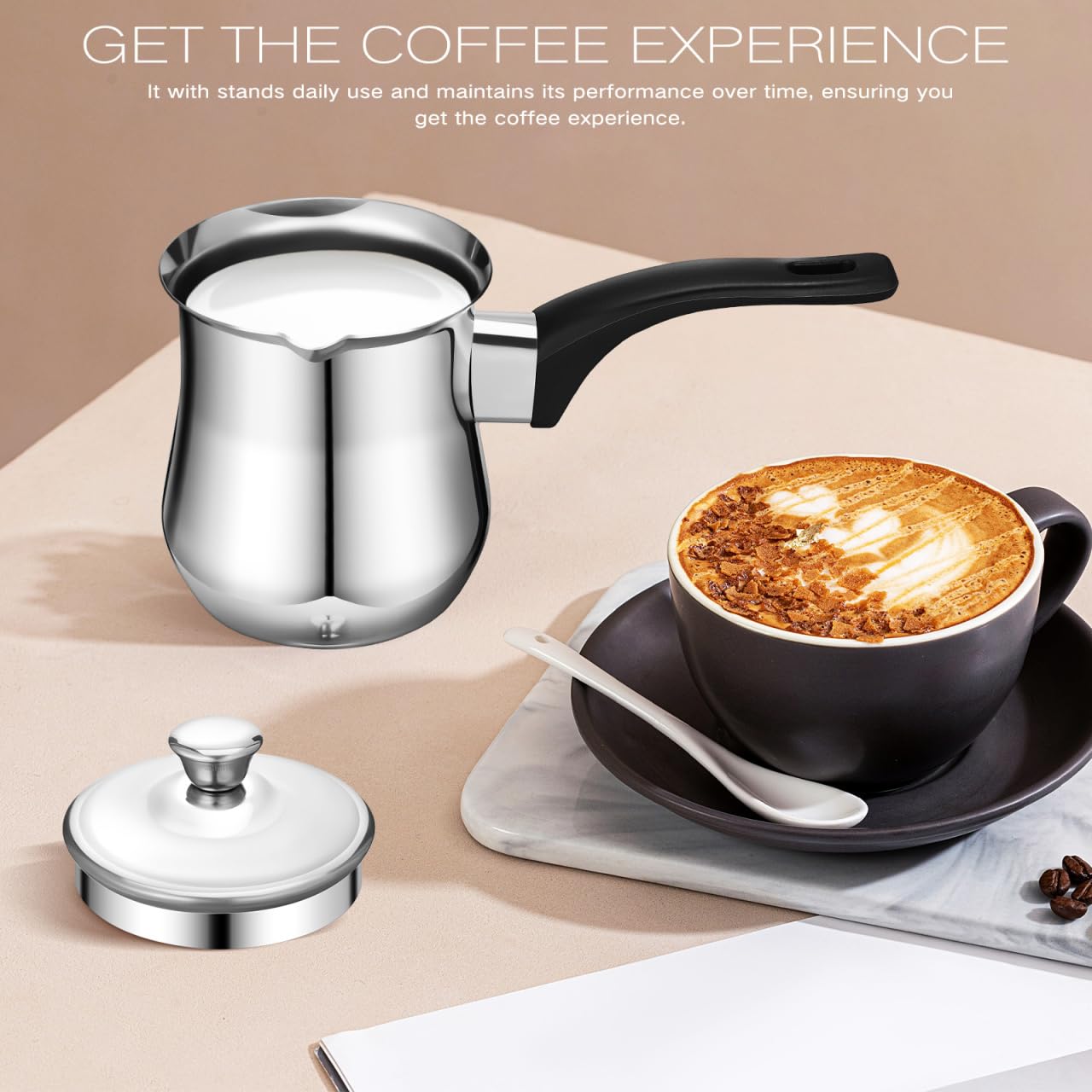 ULTECHNOVO türkische kaffeekanne mit deckel 360ml, türkischer kaffeekocher aus edelstahl, Cezve Mokka kaffeekännchen edelstahl mit ergonomischem Griff, milchtopf mit ausgießer für Herd, Silber