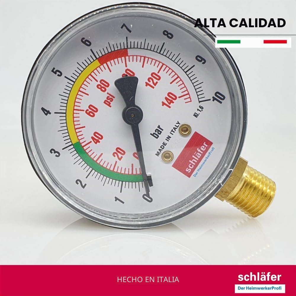 Schläfer 0930168 | Manómetro hidráulico vertical Ø 63 mm, conexión radial 1/4", escala de medida 0-10 bar, para instalaciones térmicas y control de presión de aire y agua