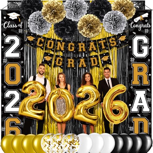 Image of Graduation Party Decorations Class of 2026, Graduation Decorations with Congrats Grad Banner Fringe Foil Curtain Paper Flower Ball Balloon for High School College Graduation Party Supplies, Black Gold
